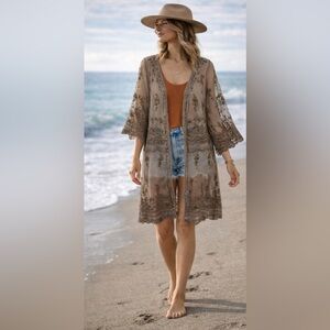 Sheer Lace Kimono Duster Boho Western Embroidered Cardigan Vacation Beach Medium